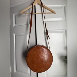 Boho Round Brown Leather Crossbody Bag Hippie Festival Western Coastal Cowgirl